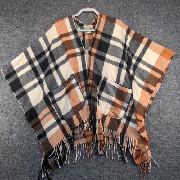 Anne Klein Women's Poncho Cape Multicolor One Size Plaid Fringed Polyester - Picture 2 of 8